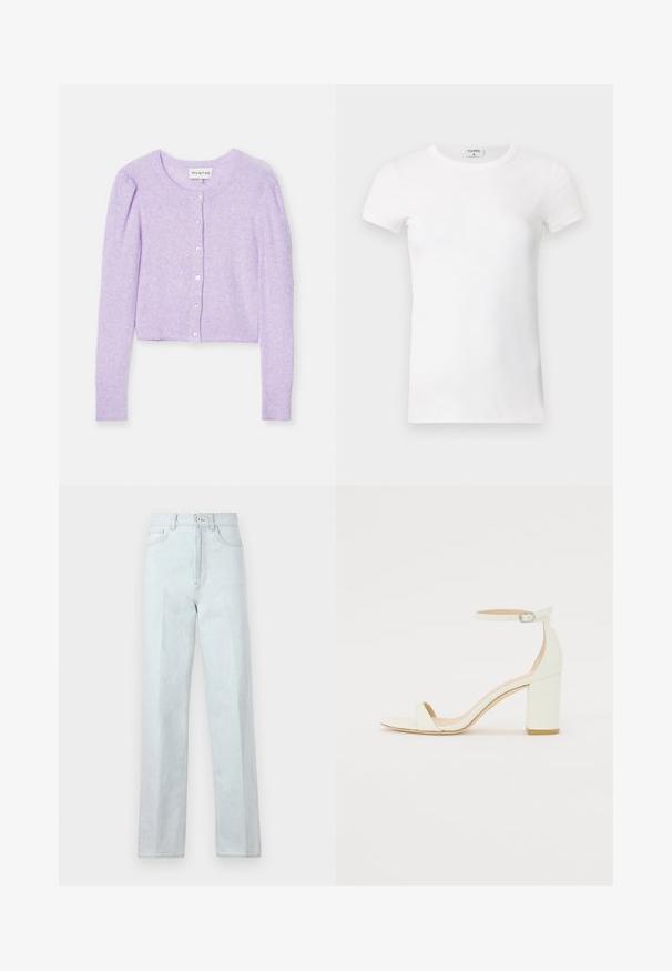 Lila skrajni pulover z dolgimi rokavi, izdelan iz mehkega materiala. Ima okroglo ovratnico, zapiranje na gumb in rebraste manšete ter rob.; Bela rebrasta majica s kratkimi rokavi in okroglo ovratnikom. Tkanina se zdi gladka z oprijetim silhueto. Oznaka blagovne znamke vidna na ovratniku.; Svijetlos plave traper široke hlače s visokim strukom, s prednjim zatvaračem, zatvaranjem na dugme i klasičnim dizajnom s pet džepova.; Bela usnjena sandala z blok peto, ki ima zanko okoli gležnja s sponko in minimalističen dizajn. Odkrit prst in gladke teksture po vsej površini.