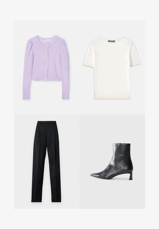 Lila cropped kardigán hosszú ujjal, puha anyagból készült. Kerek nyakkivágással, gombos záródással, valamint bordás mandzsettákkal és hemmével rendelkezik.; Fehér, rövid ujjú kötött felső, kerek nyakkivágással, sima textúrával és diszkrét bordázott részletekkel az ujjain és az alján.; Fekete nadrág sima anyagból, magas derékkal, széles lábakkal, elülső redőkkel és klasszikus övhurkokkal. Oldalzsebek nem láthatók.; Fekete bőr bokacsizma hegyes orral és letisztult dizájnnal. Alacsony sarka és hátsó cipzáras záródása van. Simának tűnő textúra.
