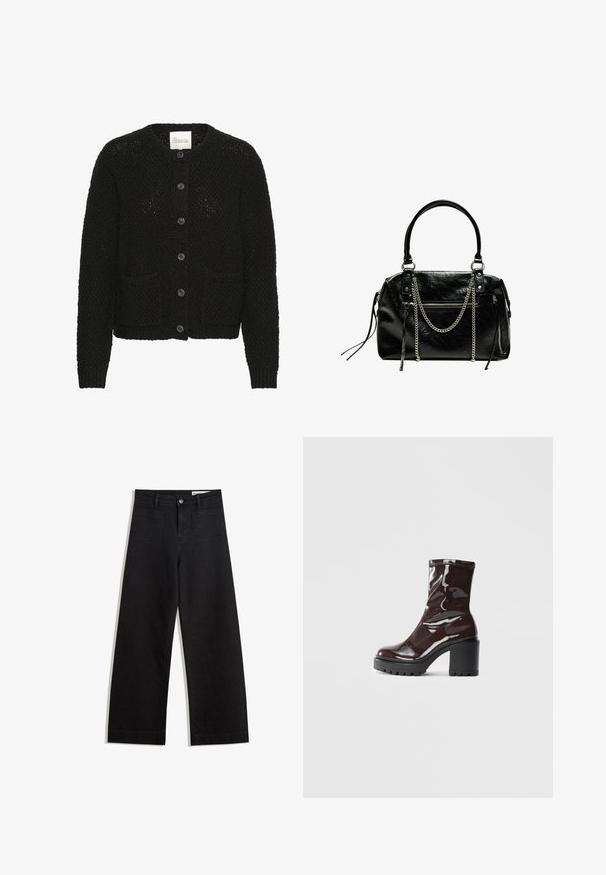 Cardigan nero lavorato a maglia con scollo rotondo, bottoni frontali, due tasche e tessuto testurizzato. Presenta polsini e orlo a costine.; Top senza maniche marrone con scollo quadrato, realizzato in tessuto morbido ed elastico. Presenta un design aderente e cuciture piatte.; Pantaloni in denim neri a gamba larga con vita alta, dotati di tasche anteriori e posteriori, cuciture a punto, e chiusura con bottone. Texture liscia.; Stivale alla caviglia bordeaux lucido con un tacco spesso nero, caratterizzato da una superficie liscia e un design semplice. Nessuna chiusura visibile o motivo.; Bershka WITH CHAIN - Borsa a mano - black