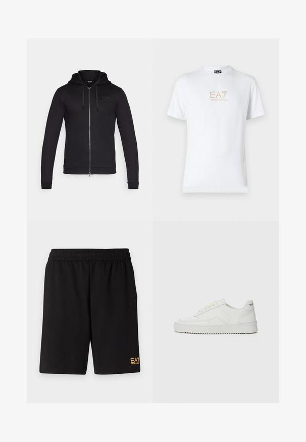 Felpa nera con zip realizzata in tessuto jersey, dotata di cappuccio, tasche frontali e una patch logo testurizzata sulla parte sinistra del petto.; T-shirt bianco in cotone con scollatura rotonda e maniche corte, con il logo oro EA7 Emporio Armani stampato sul fronte.; Pantaloni sportivi neri realizzati in tessuto morbido, con vita elastica e un piccolo logo EA7 giallo sulla parte bassa della gamba sinistra.; Sneaker in pelle bianca con una finitura liscia, punta rotonda, lacci piatti e suola testurizzata. Presenta un logo discreto sul tallone.