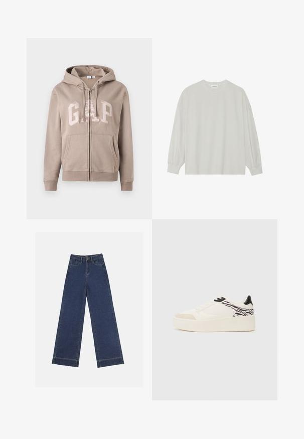 Hanorac bej cu fermoar, fabricat dintr-un material moale, având un mare logo "GAP" într-un bej mai deschis, cu un buzunar frontal și glugă ajustabilă.; Tricou pe șir cu mâneci lungi, de culoare gri deschis, confecționat din bumbac moale. Are o croială lejeră, decolteu rotund și manșete ușor bufante. Fără modele sau grafica.; Jeans evazați din denim albastru închis. Au cinci buzunare, bucle pentru curea și o margine brută la baza, cu detalii de coasere vizibile.; Even&Odd Sneakers low - white/black