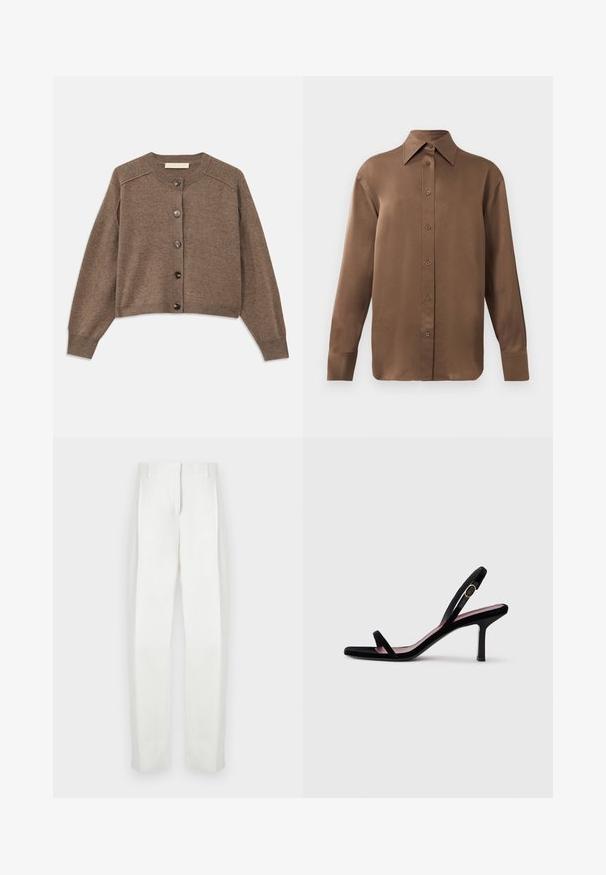 Brauner Strickcardigan mit langen Ärmeln, gerippten Bündchen und vorderem Knopfverschluss. Verfügt über einen Rundhalsausschnitt und einen leicht verkürzten Saum.; Braunes Langarmhemd mit Knopfverschluss, spitzem Kragen und Manschetten, vor einem schlichten weißen Hintergrund präsentiert.; Paul Smith Stoffhose - white; Schwarze Wildleder-Damen-Sandaletten mit hohen Absätzen, schmalen Riemen und einer goldfarbenen Schnalle vor weißem Hintergrund, seitliche Ansicht.