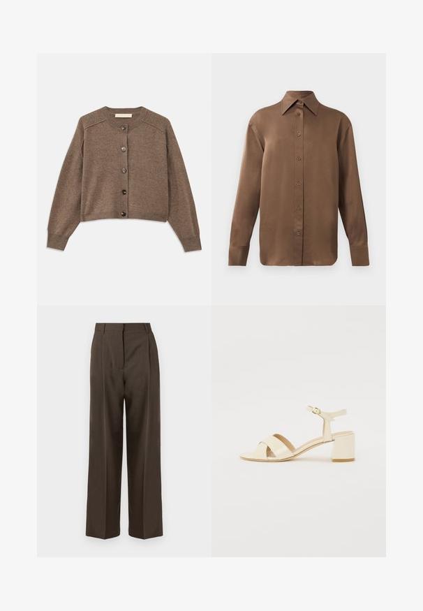 Brun strikket cardigan med lange ærmer, ribbede manchetter og lukkes med knapper foran. Har en rund halsudskæring og en let kortet nederste kant.; Brun langærmet skjorte med knapper, spids krave og manchetter, vist mod en simpel hvid baggrund.; Brune brede bukser med en glat tekstur, der har høj talje, frontfold og en skræddersyet design. Ingen synlige lommer eller udsmykninger.; Beige patenteret læder hælede sandaler med krydsremdesign, åben tå, justerbar ankelrem og en blokeret hæl. Glat tekstur.