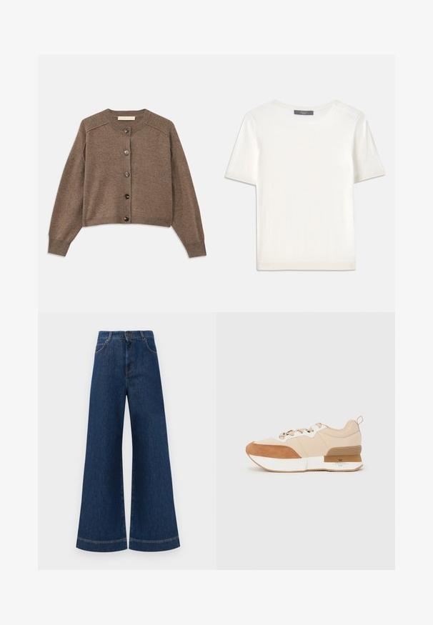 Cardigan marrón de punto con mangas largas, puños acanalados y cierre delantero de botones. Presenta un cuello redondo y un bajo ligeramente recortado.; Top de punto corto de manga blanca con cuello redondo, que presenta una textura suave y sutiles detalles acanalados en las mangas y el dobladillo.; Jeans de mezclilla azul de pierna ancha con una cintura alta, que cuentan con un cierre de botón, pasadores para cinturón y detalles de costura sutil a lo largo de los bolsillos y los dobladillos.; Zapatilla con una parte superior de tela beige y acentos de ante marrón, una mediasuela blanca y una suela de goma con un detalle de marca.