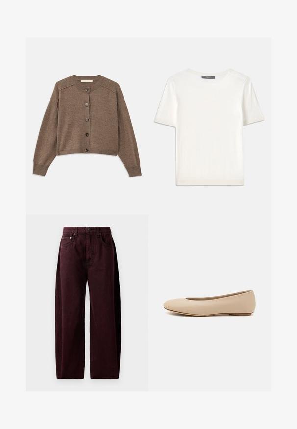 Cardigan marrone lavorato a maglia con maniche lunghe, polsini a coste e chiusura frontale a bottoni. Presenta un collo rotondo e un orlo leggermente accorciato.; Top corto a maniche corte di colore bianco, in maglia, con scollatura rotonda. Presenta una texture liscia e accenti a coste sottili sulle maniche e sull'orlo.; Jeans a gamba larga borgogna in denim di cotone, con vita alta, tasche frontali e cuciture visibili. Design classico a cinque tasche.; Ballerine in pelle beige con punta arrotondata, dettagli di cucitura minimi, tacco basso e logo discreto sul retro. Texture liscia e opaca.