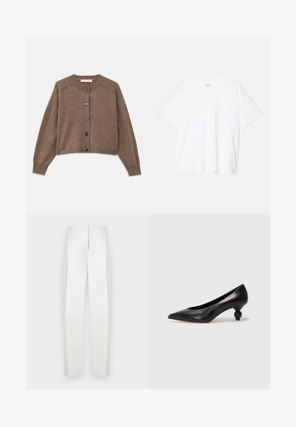 Brun strikket cardigan med lange ærmer, ribbede manchetter og lukkes med knapper foran. Har en rund halsudskæring og en let kortet nederste kant.; Hvid bomulds-t-shirt med korte ærmer, rund halsudskæring, afslappet pasform og stitched søm. Mærket er synligt indeni halsen.; Paul Smith Bukser - white; Sort læder høje hæle med spids tå og rund, kugleformet hæl. Glat tekstur med et stilrent, minimalistisk design.