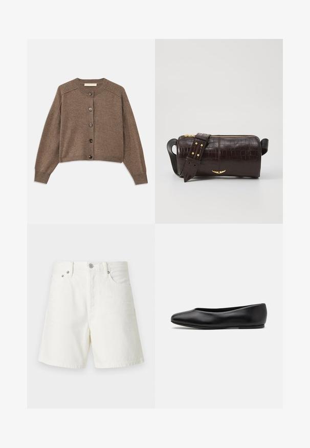Brauner Strickcardigan mit langen Ärmeln, gerippten Bündchen und vorderem Knopfverschluss. Verfügt über einen Rundhalsausschnitt und einen leicht verkürzten Saum.; Langärmliges, hellbeiges Oberteil mit rundem Ausschnitt. Aus weichem Stoff gefertigt, verfügt es über eine zentrale Naht und einen leicht geschwungenen Saum. Keine sichtbaren Beschläge.; Weiße Jeansshorts mit geradem Schnitt, Fünf-Taschen-Design, vorderem Knopfverschluss, silberner Hardware und genähten Details.; Paul Smith TOPANGA - Klassischer Ballerina - black; Braune, krokodilgeprägte Lederhandtasche mit zylindrischer Form, goldfarbener Hardware und einem abnehmbaren Tragegurt mit Nieten.