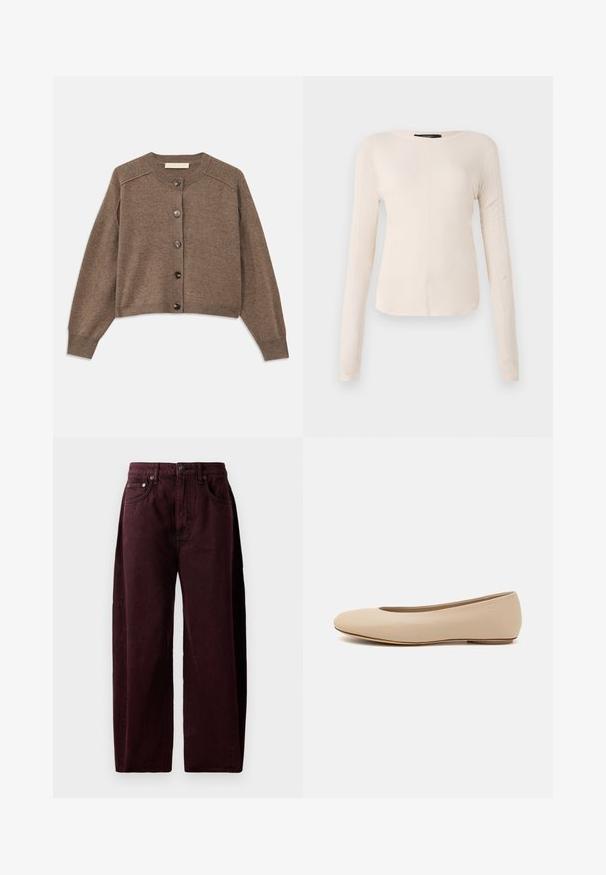 Ruda megzta kardiganas su ilgomis rankovėmis, raukšlėtais manžetais ir priekine sagų uždarymo sistema. Yra apvalus kaklas ir šiek tiek apkarpitas šonas.; Ilgesnių rankovių, šviesiai bežinis viršus su apvaliu iškirpimu. Pagamintas iš minkštos medžiagos, turi centrinę siūlę ir šiek tiek kreivą apatinių kraštų liniją. Matomų detalių nėra.; Burgundijos plačios kojinės džinsai iš medvilnės denimo, su aukštu juosmeniu, priekinėmis kišenėmis ir matoma siuvimo linija. Klasikinis penkių kišenių dizainas.; Šviesiai ruda odinė baleto bateliai su apvaliu galiuku, minimaliais siūlių detalėmis, žemu kulnu ir subtiliu logotipu gale. Lygi, matinė tekstūra.