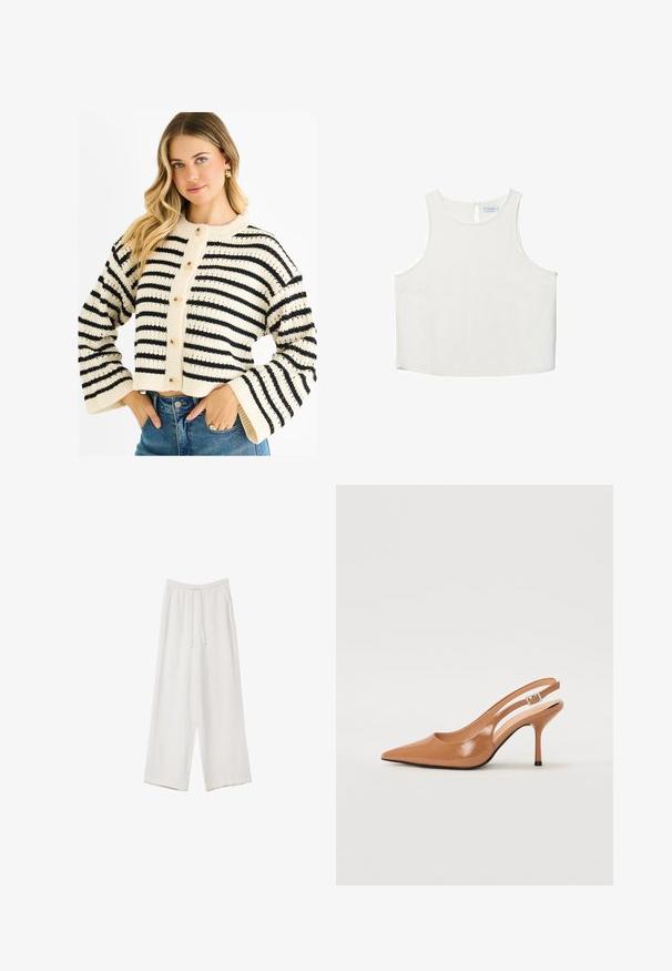 Cardigan corto lavorato a maglia a strisce crema e nere, con scollo rotondo, maniche a campana lunghe e chiusura con bottoni di colore chiaro.; Top bianco senza maniche con scollo rotondo, caratterizzato da una sottile trama, dettaglio a rombo sul retro e orlo dritto.; Pantaloni a gamba larga bianchi realizzati in un tessuto leggero. Presentano una vita elastica con cordoncino e tasche laterali. Texture liscia.; Tacco slingback a punta affusolata in un materiale tan liscio e lucido. Presenta un design con ritaglio curvo e un sottile tacco a stiletto. Dettaglio con fibbia argentata.