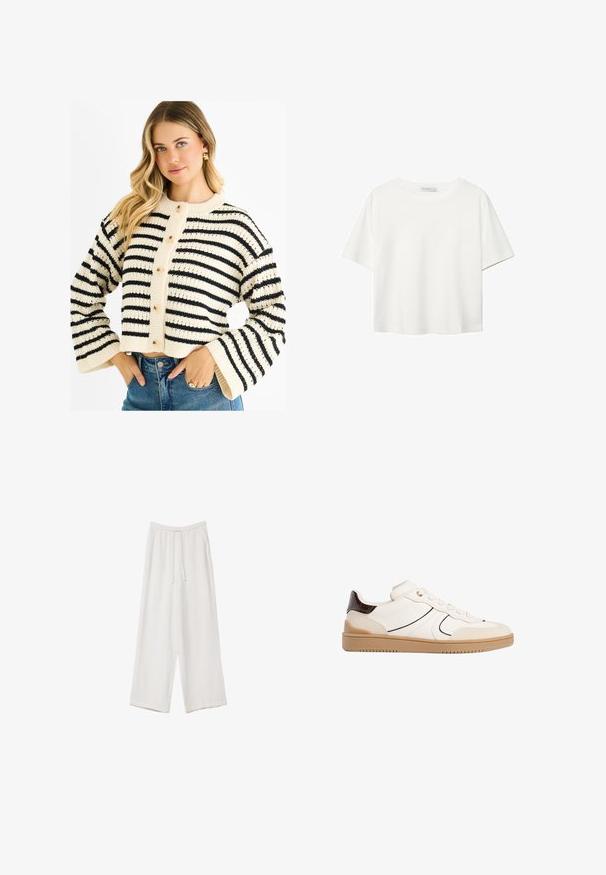 Pletený zkrácený kardigan v krémové barvě s černými pruhy, který má oválný výstřih, dlouhé zvonové rukávy a zapínání na knoflíky s světlými knoflíky.; Bílý krátký rukáv tričko vyrobené z bavlny. Má kulatý výstřih a volný střih. Hladký materiál bez viditelných vzorů nebo akcentů.; Bílé široké kalhoty vyrobené z lehké tkaniny. Mají elastický pas se šňůrkou a boční kapsy. Hladká textura.; Stradivarius Tenisky - white