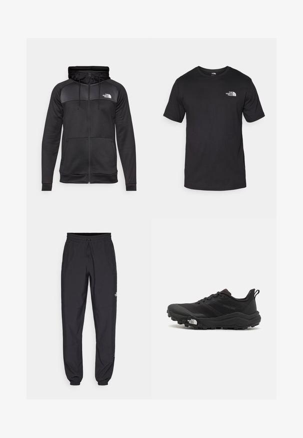 Svart zip-up hettegenser laget av glatt stoff. Har en grå brystpanel og justerbar snorlåsing i hette. Inkluderer frontlommer og ribbede mansjetter.; Svart kortermet t-skjorte laget av bomull, med rund hals og en liten hvit logo på øvre venstre brystområde.; Sorte idrettsbukser laget av lett stoff, med snor i livet, sidelommer og smale mansjetter ved anklene.; Svart terrengløpesko med teksturert overdel, gummisåle og forsterket tåhette. Har polstret krage og løftestropp for enkel påkledning.