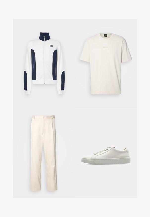 Hvit zip-up jakke med marineblå detaljer på sidene og ermene. Ståkrage, elastiske mansjetter og logo på brystet. Glatt stoff.; BOSS TEE - T-shirts - open white; Beige bomullsbukser med rett benfatt, med knappelukking og folder foran for ekstra detaljer.; Hvit lær sneakers med rund tå, minimalistisk design, grå snøring og teksturert grå gummisåle. Subtile sømdetaljer synlige.