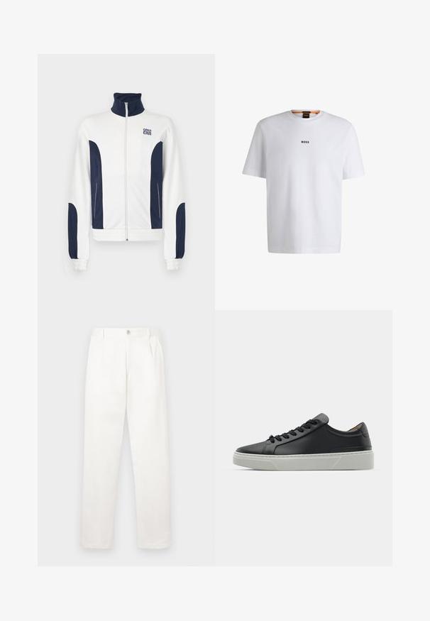 Bílá zipová bunda s námořnickými modrými akcenty na bocích a rukávech. Stojáčkový límec, elastické manžety a logo na hrudi. Hladká tkanina.; Bílý bavlněný tričko s krátkým rukávem, se středovým černým logem "BOSS" na hrudi a kulatým výstřihem.; Bílé kalhoty vyrobené z hladké tkaniny, s rovnými nohavicemi, předními sklady a jedním knoflíkem na zavírání v pase.; Černé kožené tenisky s hladkým povrchem, kulatou špičkou a černými šňůrkami. Disponují silnou bílou gumovou podrážkou s jemnými geometrickými akcenty.