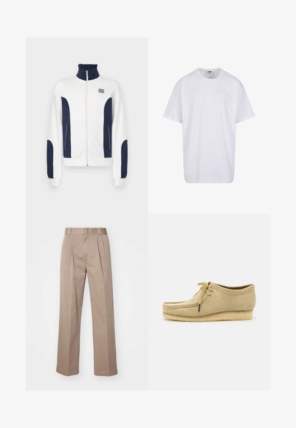 Balta zipa jaka ar tumši zilu akcentu sānos un piedurkņos. Ar stāvošu apkakli, elastīgām aprocēm un logotipu uz krūšu daļas. Gluda auduma.; Balta kokvilnas T-kreklu ar īsām piedurknēm, apaļu kakla izgriezumu, brīvu piegriezumu un bez redzamām logo vai rakstiem. Gluda tekstūra un minimālistisks dizains.; Beige, augstās jostas bikses ar plaša kāju dizainu. Ar diviem priekšējiem krokām un gludu tekstūru. Standarta garums ar tīru apdari.; Bēša zamšādas kurpe ar auklām, ar šuvju detaļām un gumijas zoli. Forma ir ikdienas, ar nedaudz paceltu papēdi.