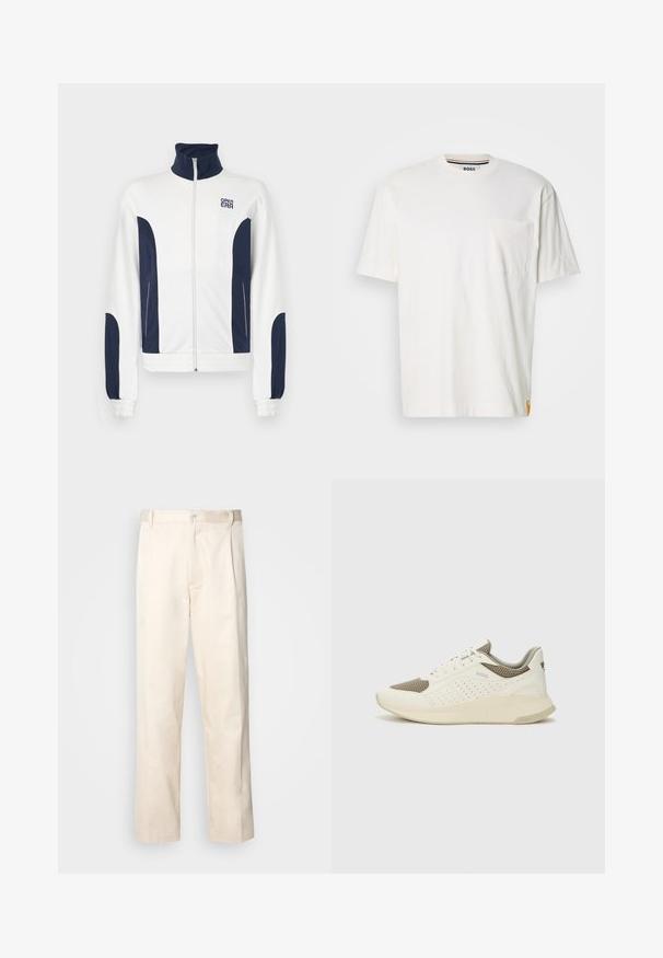 Casaco branco com fecho éclair e detalhes em azul marinho nas laterais e nas mangas. Gola subida, punhos elásticos e logótipo no peito. Tecido suave.; Camisa de algodão branca com decote redondo, mangas curtas e um bolso no peito esquerdo. Apresenta uma pequena etiqueta com o logotipo na costura lateral.; Calças de algodão bege com corte reto, apresentando um fecho de botão e pregas na frente para um detalhe adicional.; Sapatilha atlética branca e bege claro, com parte superior em malha, detalhes perfurados e uma entressola texturizada com marcação no calcanhar.