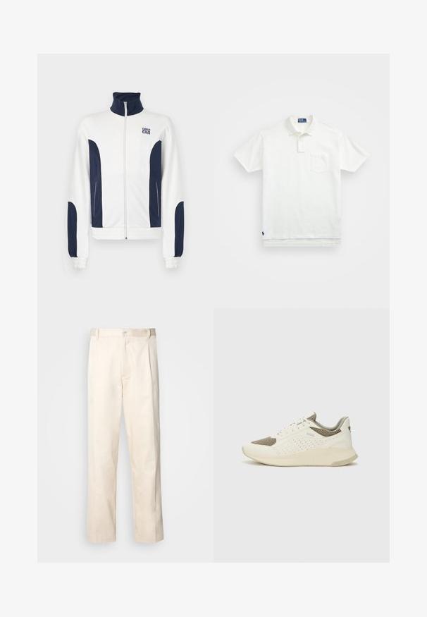 Giacca bianca con zip e dettagli blu navy sui lati e sulle maniche. Collo alto, polsini elasticizzati e logo sul petto. Tessuto liscio.; Polo bianco in cotone, con colletto classico, placca con tre bottoni e taschino sul lato sinistro del petto; piccolo logo sull'orlo.; Pantaloni in cotone beige con taglio dritto, dotati di chiusura a bottone e pence sul davanti per un tocco di dettaglio in più.; Sneaker atletica bianca e beige chiaro, con tomaia in mesh, dettagli perforati e una suola intermedia texturizzata con marchio sul tallone.
