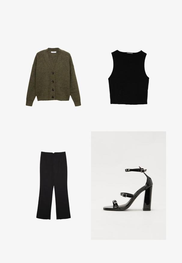 Olivovo zelený pletený cardigan s výstrihom do V, dlhými rukávmi a šiestimi čiernymi gombíkmi na prednej strane. Texturovaný, voľný strih.; Čierny bezrukávový crop top vyrobený z hladkej tkaniny, so zaobleným výstrihom a čistým, jednoduchým dizajnom bez vzorov alebo kovania.; Čierne nohavice so strihom rovného strihu, s prednými vreckami a bočnými rozparkami na leme. Vyrobené z mäkkej, hladkej tkaniny. Vhodné na rôzne príležitosti.; Čierne lakované sandále na podpätku so štvorcovou špičkou, navlečenými remienkami okolo členku a striebornými prackami. Disponujú masívnym blokovým podpätkom pre stabilitu.