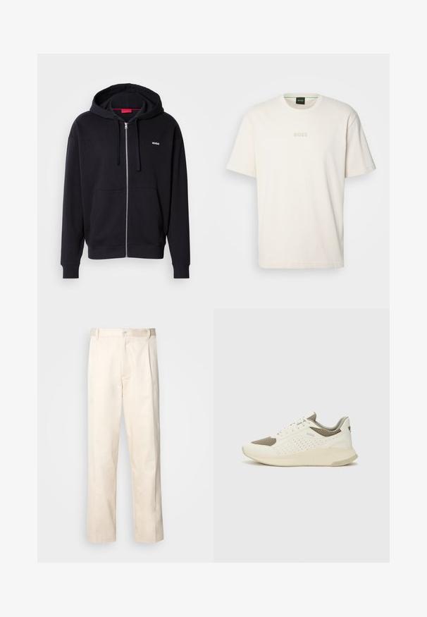 Juodas zip-up džemperis, pagamintas iš minkštos medžiagos, su raištelio kapuce, priekinėmis kišenėmis ir balta "HUGO" logo kairėje krūtinės pusėje.; BOSS TEE - Paprasti marškinėliai - open white; Bežinės medvilninės kelnės su tiesiu kirpimu, turinčios mygtuko uždarymą ir priekyje raukšles papildomai dekoratyviam akcentui.; Baltas ir šviesiai bežinis sportinis kedas, su tinklo viršumi, perforuotais detalėmis ir tekstūruotu tarpine su logotipu ant kulno.
