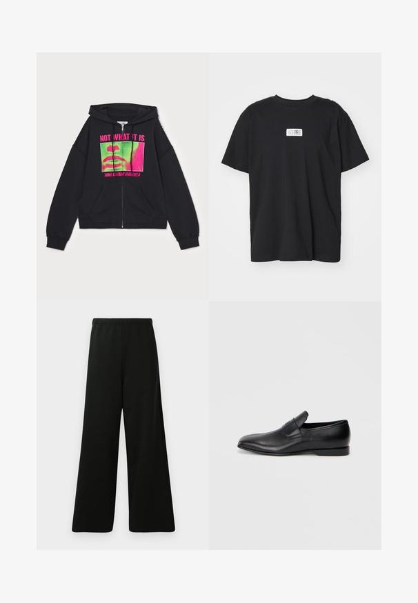 MM6 Maison Margiela Užtrauktuku užsegamas treningas - black; Juodas medvilninis marškinėlis su apvaliomis iškirpėmis, trumpomis rankovėmis ir stačiakampiu baltu etiketė, ant kurios yra skaičių ir grafiką.; Juodos plačios kelnės pagamintos iš minkštos medžiagos. Savybės: elastinga juosmens dalis, lygi tekstūra ir paprastas, modernus dizainas be raštų.; Juodos odinės slip-on tipo bateliai su smailiu pirštu, lygia tekstūra ir subtiliu ženklinimu šone. Žemas kulnas su tvarkingu, minimalistiniu dizainu.