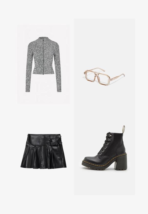 Grau und schwarz gemusterte Zip-Jacke mit hohem Kragen, langen Ärmeln und einer körperbetonten Silhouette mit gerippten Details.; Weißes T-Shirt mit kurzen Ärmeln aus glatter Stoffqualität, mit rundem Ausschnitt und dezenten Nähten am Saum.; Schwarze Lederrock mit Falten, breitem Bund und zwei Schnallenakzenten an der Seite. Glatte Textur mit glänzendem Finish.; Schwarze Lederstiefelette mit einem klobigen hohen Absatz, Schnürung vorne, metallischen Ösen und gelben Nähten entlang der Sohle. Strukturierten Gummiaußensohle.; Transparente hexagonale Brillen mit hellbraunen Farbtönen; dicke, klare Fassungen und schlanke Bügel; keine sichtbaren Logos oder Muster.