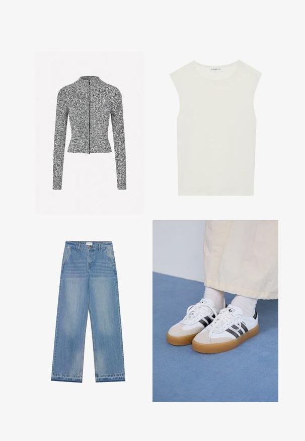 Jaqueta de fecho éclair preta e cinza texturizada, com gola alta, mangas longas e uma silhueta ajustada com detalhes em canelado.; Top branco sem mangas com decote redondo. Feito de um tecido liso, apresenta um corte descontraído e um design minimalista. Sem padrões ou detalhes.; Jeans de cintura alta, largura larga, em azul claro, com fecho de botão, bolsos frontais, passantes para cinto e detalhes de desbotamento sutis.; Ténis brancos com riscas pretas e detalhes em camurça bege. Apresentam uma sola de borracha texturizada e atacadores brancos lisos, usados com meias de tom claro.