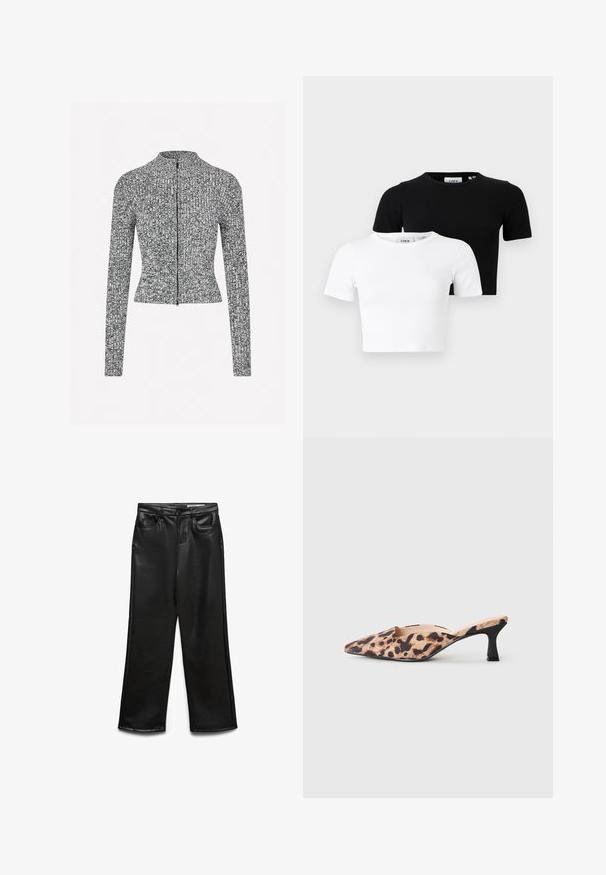 Siva in črna teksturirana jakna z zadrgo, ki ima visok ovratnik, dolge rokave in prilegajoč silhueto z rebrastim detajlom.; Dva kratka majica s kratkimi rokavi v črni in beli barvi, izdelana iz rebrastega blaga, z okroglim izrezom in prilegajočim krojem.; Široke hlače iz umetnega usnja v črni barvi z sprednjimi žepi, zankami za pas in subtilnim sijajem. Gladek tekstura in krojena prileganje.; Mule čevlji s koničastim nosom, z zgornjim delom v leopardjem vzorcu in nizko črno gažno peto na svetli podlagi.