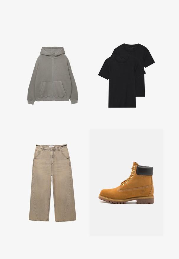 Felpa grigia con zip, con un grande cappuccio, modello oversize, tasche a marsupio e polsini e orlo a coste. Tessuto morbido e spesso con cuciture minime.; Due magliette nere di cotone a maniche corte, con scollatura rotonda e una texture liscia, esposte impilate insieme.; PULL&BEAR MEGA BAGGY - Jeans baggy - light grey; Stivale alla caviglia in suede tan con collare imbottito nero, occhielli in metallo dorato, dettagli in cucitura bianca e suola in gomma robusta con battistrada pronunciato.