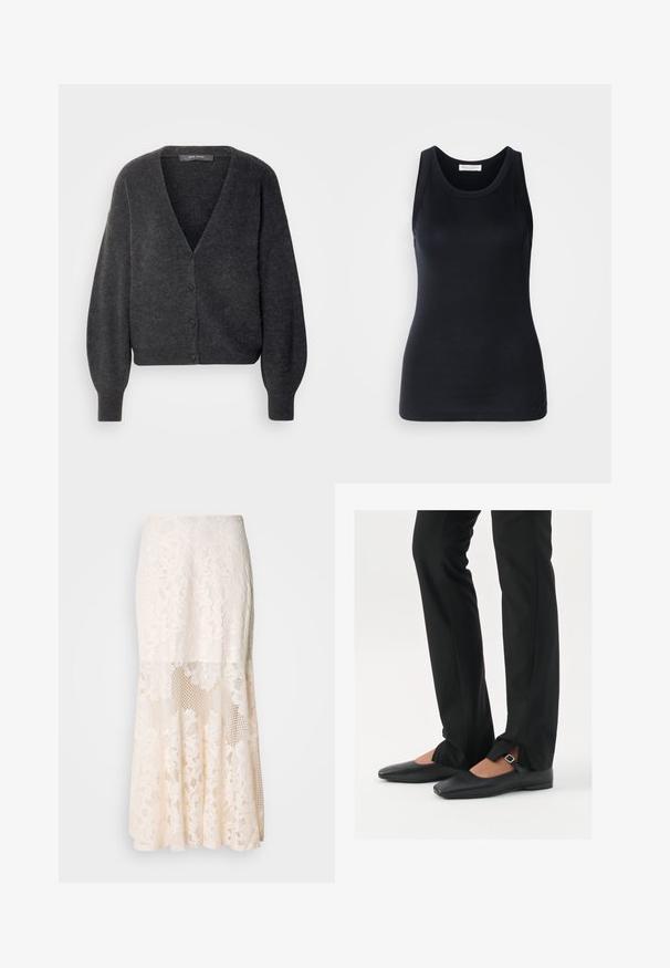 Cardigan scurt de culoare gri închis, cu decolteu în V, mâneci lungi tip balon și cinci butoane pe față. Fabricat dintr-un material moale, texturat.; Top negru fără mâneci, fabricat dintr-un material moale și elastic. Are un decolteu rotund și bretele late, cu o siluetă ajustată și o textură fină.; Fusta midi din dantelă florală în crem; caracteristici de design stratificat cu secțiuni transparente, dantelă texturată și tiv evazat.; Balerini din piele neagră, cu vârf ascuțit, curea cu cataramă argintie, asortați cu pantaloni negri tailoring cu tiv despicat.
