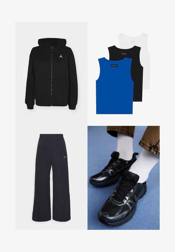 Felpa nera con zip realizzata in misto cotone. Presenta un cappuccio, tasche frontali e un logo Jumpman bianco sul petto. Texture morbida.; Tre magliette senza maniche in blu, nero e bianco. Il tessuto è a coste con un colletto rotondo. Ogni maglietta ha un'etichetta con la scritta "even&odd."; Pantaloni neri a gamba larga con cintura elastica e un piccolo logo Nike bianco. Il tessuto ha una texture liscia, progettata per il comfort e l'abbigliamento casual.; Le scarpe da sport nere Nike presentano una tomaia in rete con dettagli lucidi, lacci neri e una suola texture. Abbinate a calzini bianchi a coste.