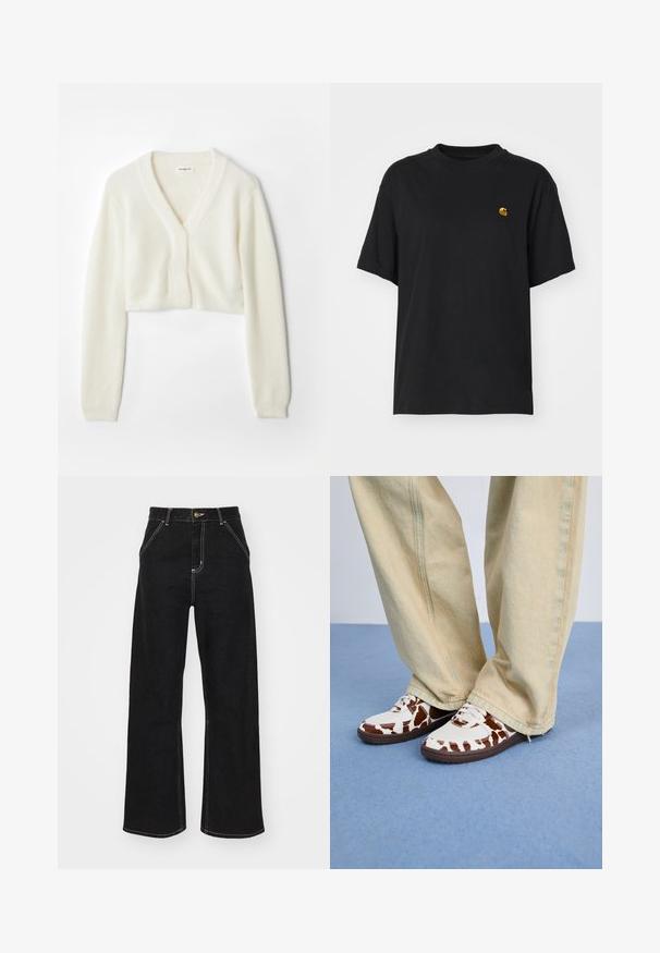 Cropped cardigan in soft white fabric with a v-neck design, long sleeves, and textured detail, featuring a button closure at the front.; Black cotton t-shirt with a relaxed fit. Features a round neck and short sleeves. Includes a small gold embroidered logo on the chest.; Black wide-leg jeans made of denim, featuring contrasting white stitching and a front button closure, with two angled front pockets.; White and brown patterned sneakers with mesh and leather, featuring brown rubber soles. Paired with light beige wide-leg pants.