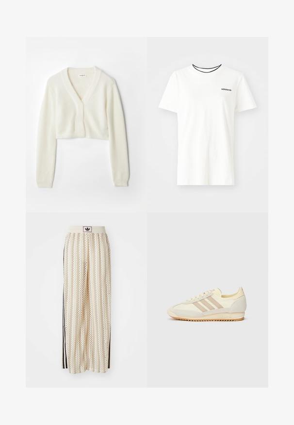 Cardigan curto em tecido branco suave com um design de decote em V, mangas longas e detalhe texturizado, apresentando um fecho de botão na parte da frente.; T-shirt de algodão branca com mangas curtas e decote redondo. Apresenta um logo preto da Adidas no peito e uma gola interna preta em contraste.; Calças largas de cor creme com um padrão em zigzag, apresentando uma cintura com logotipo preto e riscas laterais pretas. Tecido leve e texturizado.; Sapatilha atlética creme com três riscas bege, materiais em camurça e tecido, sola texturizada e logo em relevo no calcanhar.