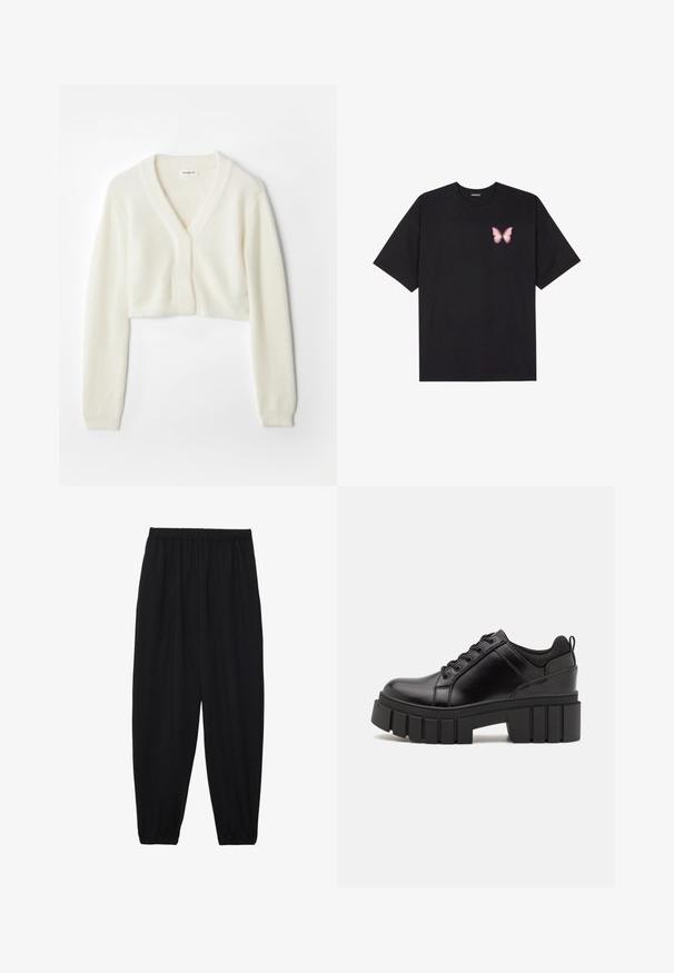 Izgriezts kardigāns mīkstā baltā audumā ar V veida kakla izgriezumu, garām piedurknēm un teksturētu detaļu, priekšā ar pogu aizdari.; Melna kokvilnas T-krekls ar īsām piedurknēm, kuram priekšā kreisajā pusē ir neliels rozā tauriņa grafiskais attēls. Ar apaļu kaklu un brīvā stila piegriezumu.; Melnas, vieglas bikses ar elastīgu jostu un savilktiem potītiem. Audums ir gluds un to raksturo brīva, sašaurināta forma.; Melnas ādas platformas kurpes ar masīvu bloku papēdi, apaļu purngalu un tradicionālu saistīšanas dizainu. Izceļas ar gludu tekstūru un minimālu apdari.