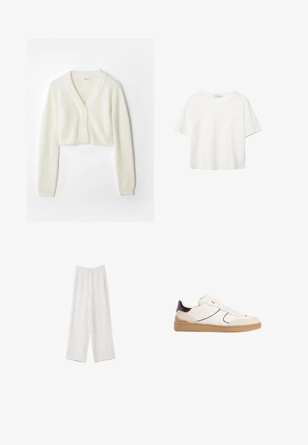 Lyhyt cardigan pehmeästä valkoisesta kankaasta, jossa on V-pääntie, pitkät hihat ja tekstuurinen yksityiskohta, edessä nappikiinnitys.; Valkoinen lyhythihainen T-paita, joka on tehty puuvillasta. Siinä on pyöreä kaula-aukko ja rento malli. Silkkinen pinta ilman näkyviä kuvioita tai koristeita.; Valkoiset leveälahkeiset housut kevyestä kankaasta. Ominaisuuksiin kuuluu elastinen vyötärö, jossa on nauhakuuluma ja sivutaskut. Sileä rakenne.; Stradivarius Matalavartiset tennarit - white