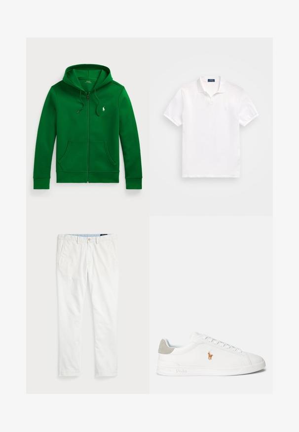 Zöld zipzáros kapucnis pulóver, húzózsinóros kapucnival, zsebekkel és bordázott mandzsettákkal, a mellrészen egy apró fehér polo logóval. Puha, textúrált anyag.; Fehér pólóing, pamutból készült, két gombos gallérral, rövid ujjú, és diszkrét logóval a bal mellen. Sima tapintású.; Fehér pamut chino nadrág, lapos elülső résszel, övhurkokkal, két oldalsó zsebbel és egy hátsó zsebbel. Simább textúrájú, egyenes szárú.; Fehér sneaker sima szintetikus anyagból, kerek orral és fűzős dizájnnal. Fény szürke velúr sarokdísz és hímezett logó jellemzi.