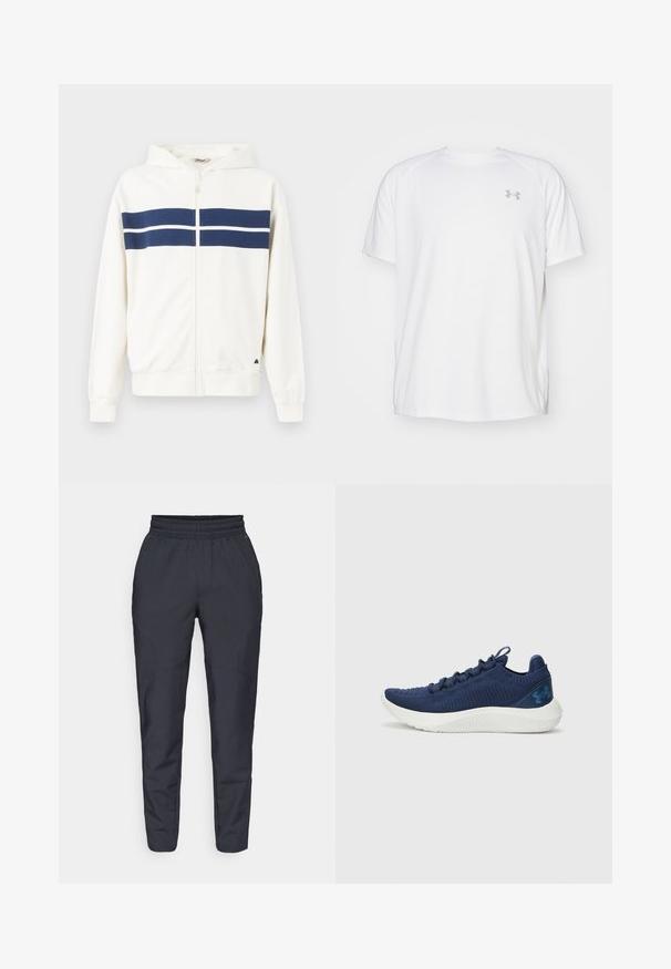 Hvit hettejakke med marineblå horisontale striper over brystet og på ermene. Har en hette og ribbestrikkede mansjetter ved håndleddene.; Hvit treningstopp med korte ermer laget av glatt stoff. Har rund hals og grått logo på venstre bryst, med sidesplitter i kanten.; Marinebukser i tapered snit lavet af blødt materiale, med elastisk talje, sidelommer og en glat tekstur med diskrete syninger.; Marineblå løpesko med teksturert strikkoverdel, hvit mellomsåle og logoaksent. Har lav profil og snøring.
