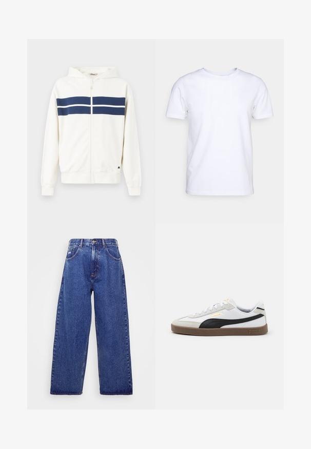 Balts kapucēts džemperis ar naktssinīgu horizontālu svītru no krūtīm un piedurknēm. Iekļauj kapuci un ribotas aproces uz plaukstām.; Balts īsām piedurknēm T-krekls no kokvilnas auduma ar apaļu kakla izgriezumu. Vienkāršs dizains bez rakstiem vai akcentiem. Gluda tekstūra.; Plaša kājiņu, zila denima bikses ar augstu jostasvietu, kas satur piecas kabatas, pogu aizdari un smalku izbalēšanu tekstūras radīšanai.; Baltas ādas sporta apavi ar melnu zamšādas akcentu, apaļa purngala forma, plakana brūna gumijas zole un iegravēts zelta logo sānos. Šņorēšanas sistēma un mīkstināta apkakle.