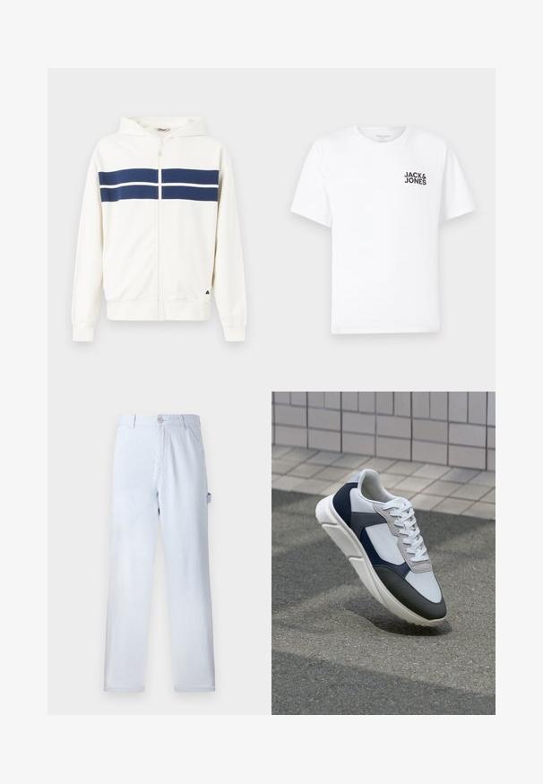 Casaco de capuz branco com riscas horizontais azuis-marinho no peito e nas mangas. Apresenta um capuz e punhos ribateados nos pulsos.; T-shirt de algodão branco, mangas curtas, com decote redondo. Apresenta o logotipo em texto preto "JACK & JONES" na área do peito esquerdo. Design simples e liso.; Calças listradas em azul claro, feitas de algodão. Design de perna reta, com fecho frontal por botão e bolsos laterais. Textura suave.; Sapatilhas brancas, azuis-marinho e cinzas com um design de materiais mistos, apresentando uma parte superior texturizada, atacadores planos e uma sola acolchoada.