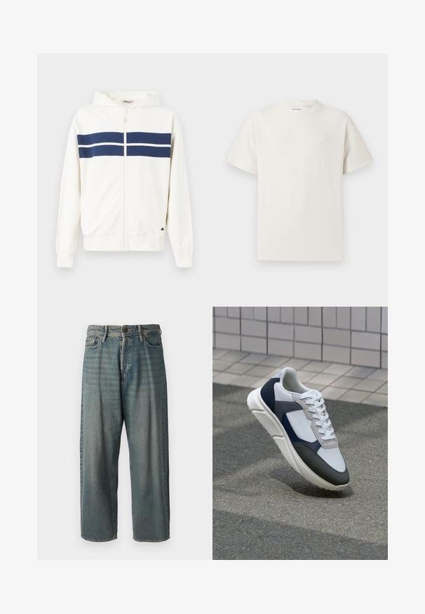 Fehér cipzáras kapucnis pulóver, tengerészetkék vízszintes csíkokkal a mellkason és a hátukon. Jellemzője egy kapucni és bordázott mandzsetták a csuklóknál.; Fehér, rövid ujjú póló bordázott textúrával. Kerek nyakkivágás, laza szabás, nincs látható minta vagy díszítés. Egyszerű és sokoldalú dizájn.; Világoskék farmernadrág, laza fazonnal, közepes derékbőséggel és egyenes szárral. Öt zsebet, övbucskát és gombos záródást tartalmaz.; Fehér, tengerészkék és szürke sneaker vegyes anyagokból készült dizájnnal, amely textúrázott felsőrésszel, lapos fűzőkkel és párnázott talppal rendelkezik.