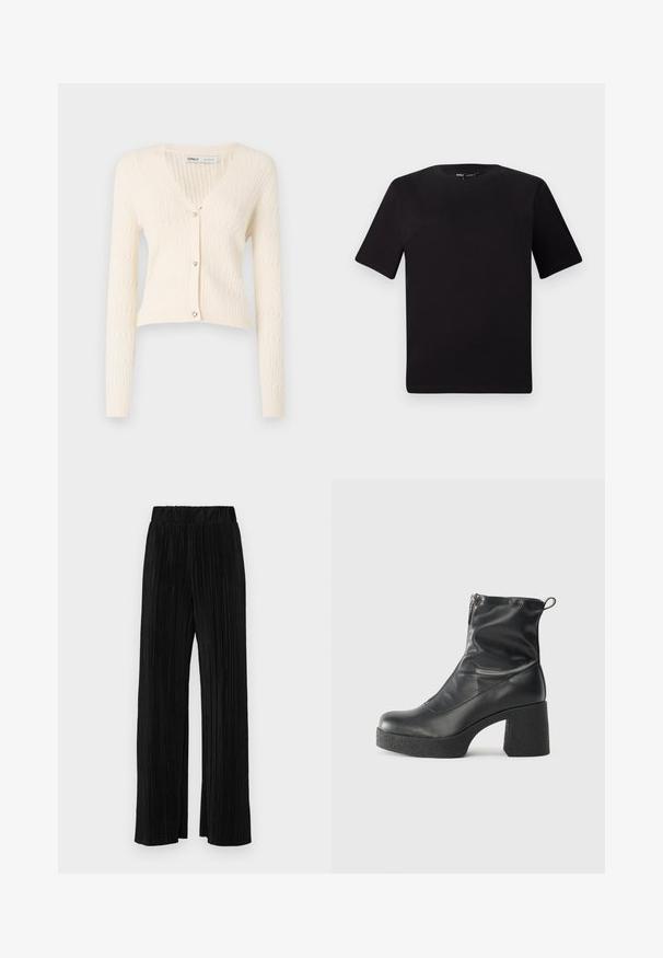 Cream-colored knitted cardigan with a v-neck, long sleeves, and heart-shaped button accents. Features a textured rib pattern and cropped design.; Black short-sleeve t-shirt with a round neckline, crafted from soft cotton fabric. Simple design, no visible logos or patterns.; Black pleated trousers with an elastic waistband. Features wide legs and a smooth, textured fabric with vertical stripes.; Black ankle boots made of smooth leather, featuring a side zipper, chunky textured heel, and rounded toe design.