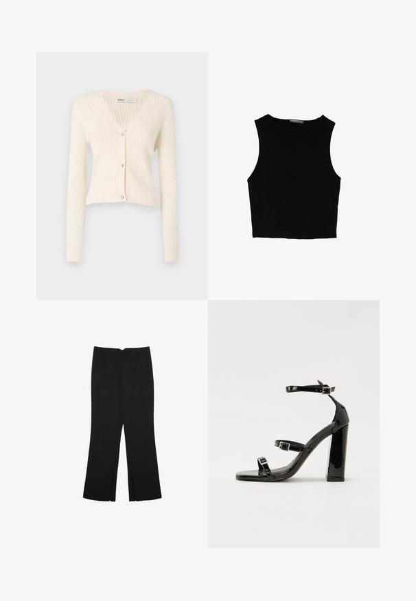 Krämfärgad stickad kofta med v-ringning, långa ärmar och hjärtformade knapp-accenter. Har ett strukturerat ribbmönster och kortad design.; Svart ärmlös crop top i mjukt tyg, med rund hals och en ren, enkel design utan mönster eller detaljer.; Svarta byxor med rak passform, utrustade med framfickor och sidoklyvningar vid fållen. Tillverkade av mjukt, slätt tyg. Lämpliga för olika tillfällen.; Svarta lackerade klacksandaler med fyrkantig tå, ankelremmar och silverfärgade spännen. Har en kraftig blockklack för stabilitet.