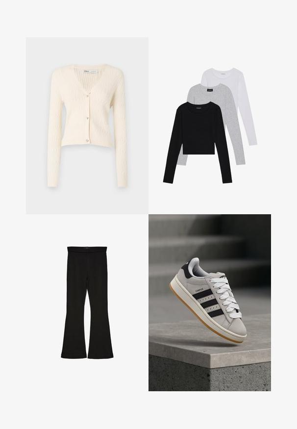 Kremno pleteno jopico z V-izrezom, dolgimi rokavi in ovratnimi gumbi v obliki srca. Ima teksturiran rebrast vzorec in skrajšano obliko.; Tri dolga rokava zložena: črna, siva in bela. Vsaka ima okroglo izreznico in skrajšan dizajn z gladkim, lahkotnim materialom.; Črne flare leggings iz raztegljive tkanine. Imajo širok pas in gladko teksturo, s prilegajočo silhueto, ki se na robu razširi.; adidas Originals CAMPUS 00S W - Športni copati - crystal white/core black/off white
