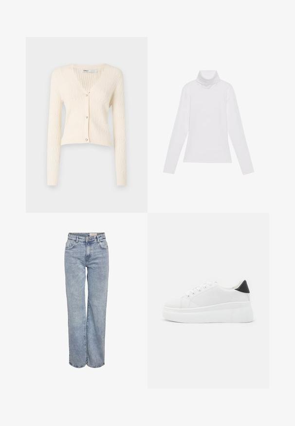 Kremowy sweter z dzianiny z dekoltem w kształcie litery V, długimi rękawami i guzikami w kształcie serca jako akcentami. Posiada fakturowany wzór ryżowy i krótki fason.; Biała bluzka z długim rękawem i golfem, wykonana z gładkiego, elastycznego materiału. Posiada wysoki kołnierz i dopasowany krój, bez widocznych wzorów czy zdobień.; Jasnoniebieskie dżinsy z szerokimi nogawkami, wykonane z denimu, z wysokim stanem, pięciowgzianą konstrukcją i subtelnym wyblaknięciem, dającym wrażenie noszonych.; Białe sneakersy na platformie wykonane z gładkiego materiału syntetycznego, z zaokrąglonym noskiem, sznurowanym zapięciem i teksturowaną gumową podeszwą. Czarne akcenty na pięcie.