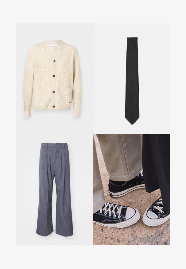 Cream cardigan with a textured knit design, V-neck, five brown buttons, two front pockets, and ribbed cuffs and hem. Logo accent at bottom.; Long-sleeve white dress shirt with a pointed collar, front button closure, smooth texture, and a tailored fit. No patterns or accents visible.; Gray pinstriped trousers with a wide leg design, featuring pleats at the front and a smooth texture. No visible hardware or accents.; Black canvas sneakers with white rubber toe caps and laces. Contrast stitching and metal eyelets add detail. Worn with beige pants and black fabric.; Black tie made of smooth fabric, featuring a slim, elongated shape with a pointed tip and no visible patterns or accents.