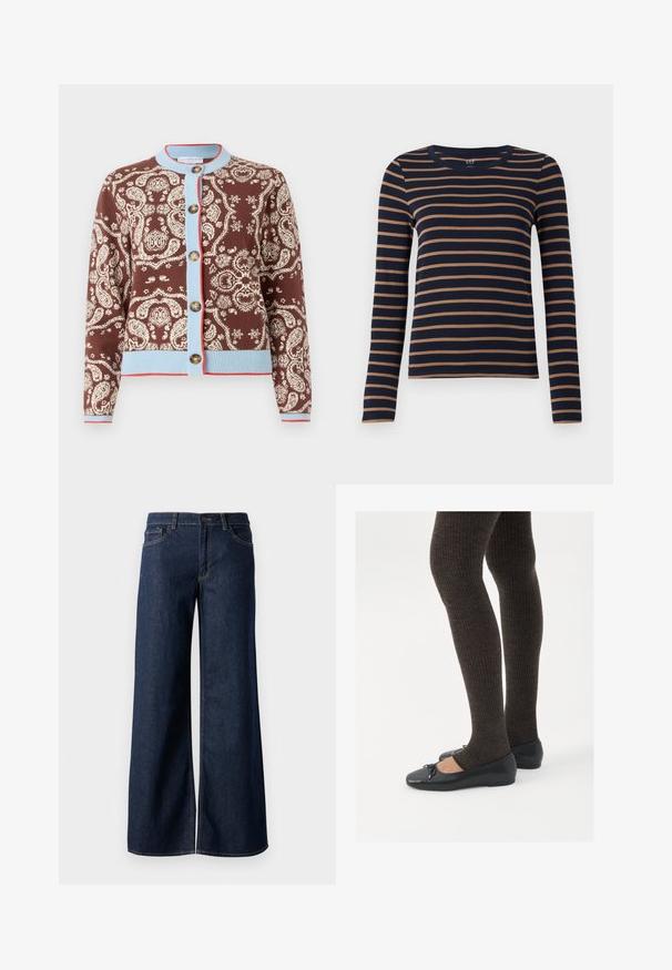 Brun cardigan med hvitt paisleymønster, lyseblå kanter og røde detaljer. Har fem knapper og ribbestrikkede mansjetter og hem.; Mørkeblå skjorte med lang arm og brune horisontale striper og rund hals, vist mot en hvit bakgrunn.; Vide benbukser i mørkeblå denim. Har kontrastsøm, fem lommer og en knaplukning i taljen. Glat tekstur.; Sorte flate sko med en liten sløyfedetalj på tåen, kombinert med mørkebrune ribbede strømpebukser. Skoene har en glatt overflate og lav profil.