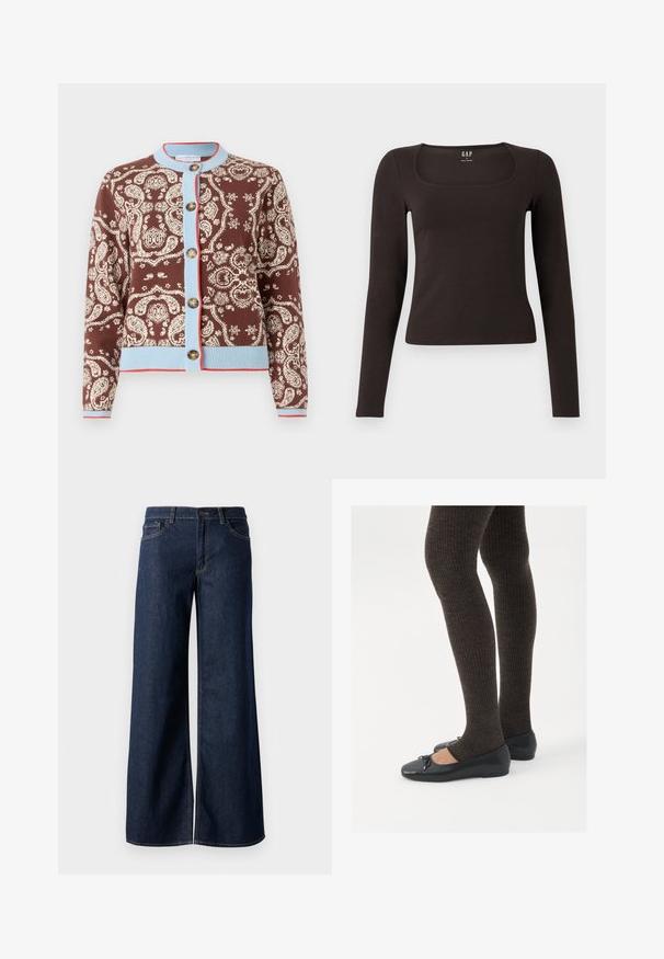 Hnědý cardigan s bílým paisley vzorem, světle modrým lemováním a červenými akcenty. Obsahuje pět knoflíků a žebrované manžety a lem.; Černý dlouhý rukáv, přiléhavý top se čtvercovým výstřihem, označený značkou GAP, vystavený na bílém pozadí.; Džínsy s širokými nohavicemi v tmavě modré barvě. Mají kontrastní švy, pět kapes a zapínání na knoflík v pase. Hladká textura.; Černé ploché boty s malou mašlí na špičce, kombinované s tmavě hnědými žebrovanými punčochami. Boty mají hladký povrch a nízký profil.