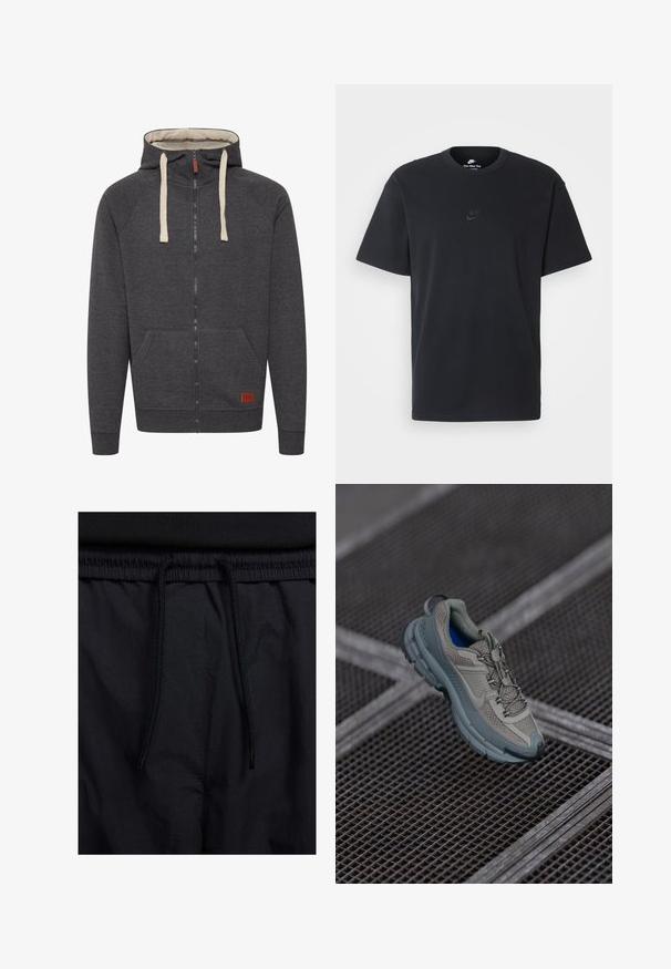 Harmaa vetoketjullinen huppari, joka on valmistettu pehmeästä kankaasta. Siinä on vuorattu huppu, kermaiset narut, etutaskut ja pieni nahkainen logopatchi hemissä.; Nike musta musta T-paita, jossa on klassinen pyöreä kaula-aukko, lyhyet etkä hihat sekä hillitty, kohopainettu logo rinnassa. Silkkinen rakenne.; Mustat shortsit, joissa on naru vyötäröllä, kevyestä kankaasta valmistettu, sileä tekstuuri ja yksinkertainen muotoilu ilman näkyviä logoja tai kuvioita.; Kengät urheilukäyttöön, joissa on beige ja harmaa väri, tekstuurillinen verkkopinta, pyöristetty kärki ja kumipohja. Kengissä on nauhat ja pehmustettu nilkkaosa.