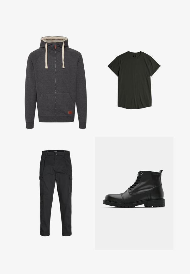 Hanorac gri cu fermoar, realizat dintr-un material moale. Are o glugă căptușită, șnururi crem, buzunare frontale și o mică etichetă din piele pe tiv.; Tricou scurt cu mânecă scurtă, de culoare verde închis, dintr-un material neted, cu guler rotund și un logo subtil pe piept. Culoare de fund în formă rotundă.; Pantaloni cargo negri dintr-un material rezistent, cu multiple buzunare, închidere cu nasture și un design slim fit cu picioare conice.; Bocanci de piele negri până la gleznă, cu bot rotund, design cu șireturi, ochiuri gri contrastante și talpă de cauciuc rezistentă. Textură netedă cu accesorii minime.