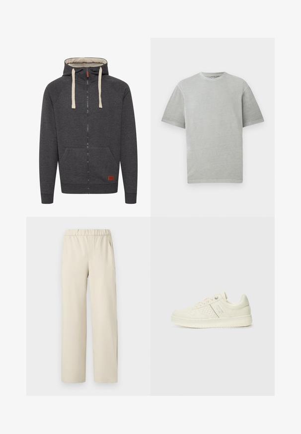 Felpa grigia con zip realizzata in tessuto morbido. Presenta un cappuccio foderato, lacci crema, tasche frontali e una piccola etichetta in pelle sul bordo.; T-shirt grigio chiaro con maniche corte e colletto a giro, esposto su uno sfondo bianco uniforme.; Pantaloni beige a gamba larga con vita elastica, realizzati in tessuto morbido. Presentano una texture liscia e senza motivi o dettagli visibili.; Sneaker color crema con dettagli perforati, lacci e logo sul lato, esposta su uno sfondo bianco semplice.