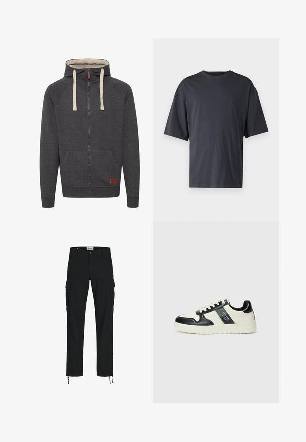 Siva zip-up kapuca izdelana iz mehkega materiala. Ima podloženo kapuco, kremne vrvi, sprednje žepe in majhno usnjeno oznako na robu.; Temno siva majica s kratkimi rokavi iz lahkotnega bombaža, z ohlapnim krojem in klasičnim okroglim izrezom, z enostavno teksturo in brez vzorcev.; Črne cargo hlače s ravnim krojem, opremljene z bočnimi žepi, z gumbom za zapiranje in elastičnimi vrvicami pri gležnjih. Narejene iz trpežnega materiala.; Usnjeni športni čevlji z črno in krem barvno shemo, ki vključujejo perforirane dodatke, podložen ovratnik in strukturirano podplat.