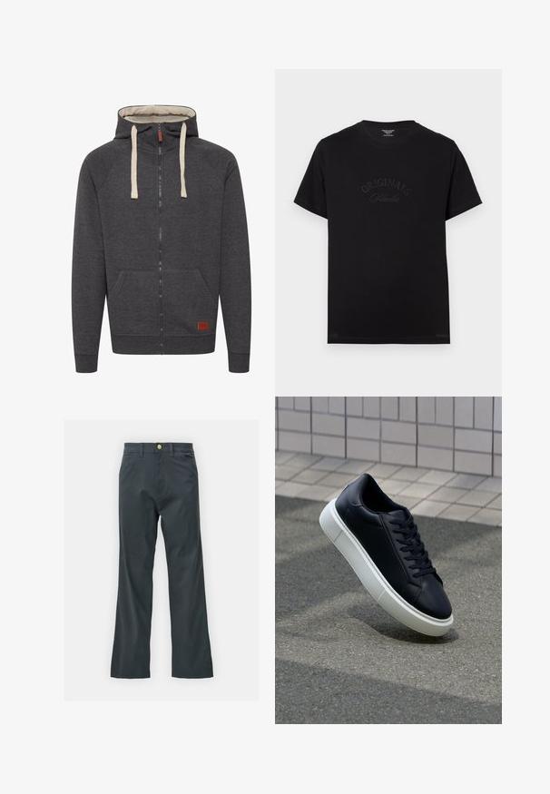 Siva zip-up kapuca izdelana iz mehkega materiala. Ima podloženo kapuco, kremne vrvi, sprednje žepe in majhno usnjeno oznako na robu.; Črna bombažna majica s kratkimi rokavi in okroglo izrezom. Na sprednjem delu je v tonečih črkami embosirano "ORIGINALS Studio".; Črne hlače s ravnim krojem, izdelane iz mešanice bombaža. Imajo kovinsko zaponko in stranske žepe. Brez vidnih vzorcev.; Črne usnjene superge z zaobljenim prstom in belim gumijastim podplat. Imajo ravne vezalke in minimalno šivanje na zgornjem delu. Teksturirani podplat za oprijem.